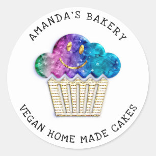 Pegatina Redonda Pasteles Dulces Panadería Casera Muffin Sonríe Oro
