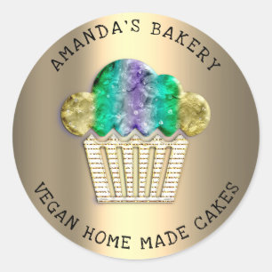 Pegatina Redonda Pasteles Dulces Panadería Casera Muffin Sonríe Oro
