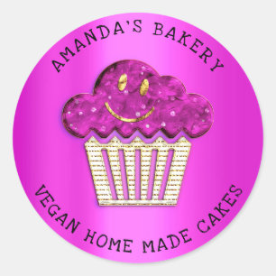 Pegatina Redonda Pasteles Dulces Panadería Casera Muffin Sonríe Oro