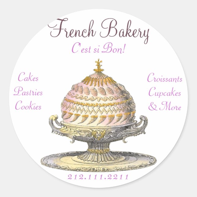 Pegatina Redonda Pasteles franceses de época elegantes: panadería,  (Anverso)