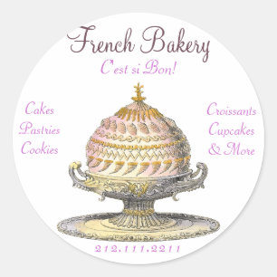 Pegatina Redonda Pasteles franceses de época elegantes: panadería,