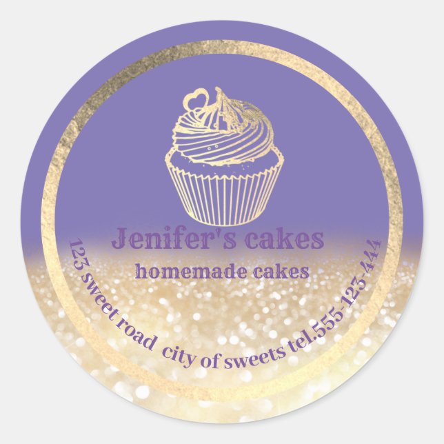 Pegatina Redonda Pasteles y dulces caseros purpurinoso de oro (Anverso)