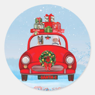 Pegatina Redonda Pastor Alemán En Coche Con Santa Claus