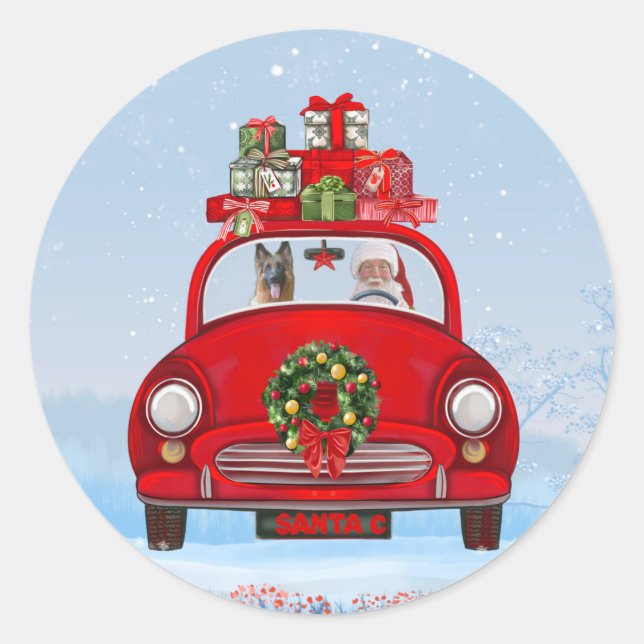 Pegatina Redonda Pastor Alemán En Coche Con Santa Claus (Anverso)