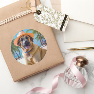 Pegatina Redonda Pastor Anatoliano en la playa, regalo de verano pa