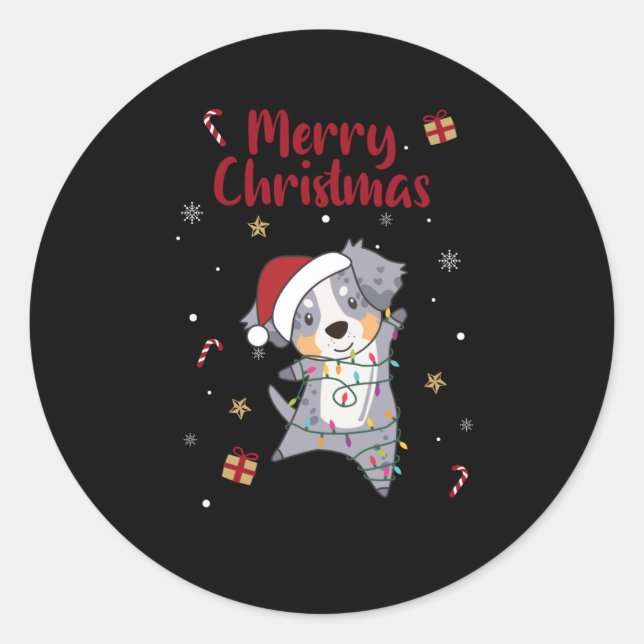 Pegatina Redonda Pastor australiano Feliz Invierno de Navidad (Anverso)