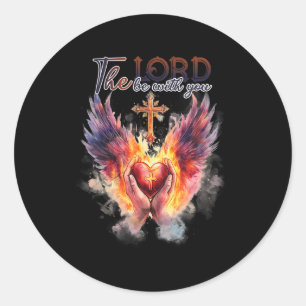 Pegatina Redonda Pastor - Manos en oración ante el Sagrado Corazón 