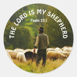 Pegatina Redonda Pastor Vigilando El Rebaño De Ovejas