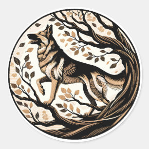 Pegatina Redonda Pastores alemanes de la flora del arte del perro p