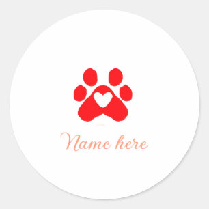 Pegatina Redonda Pata de perro corazón rojo mascota agregar nombre 