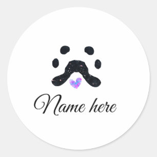 Pegatina Redonda Pata de perro mascota negro añadir nombre texto fo