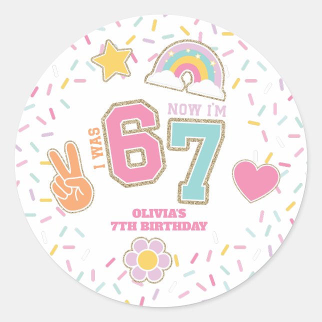 Pegatina Redonda Patch Preppy I was SIX now I'm SEVEN  7th Birthday (Anverso)