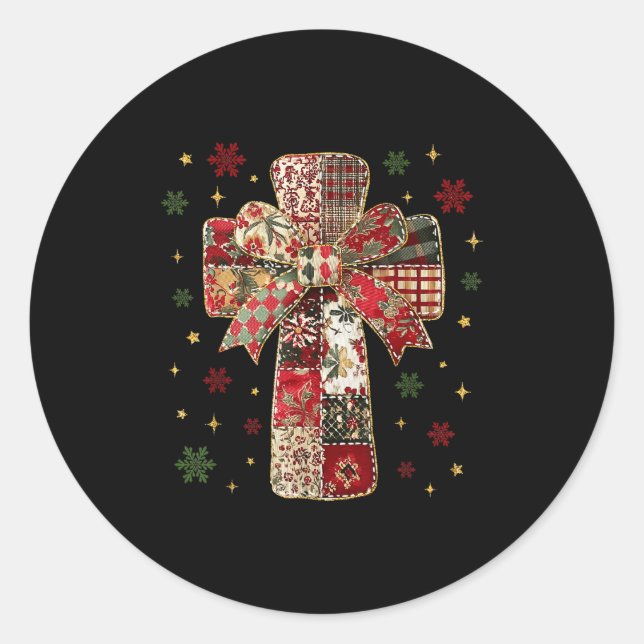 Pegatina Redonda Patchwork Cross Christian Christmas Coquette Bow  (Anverso)