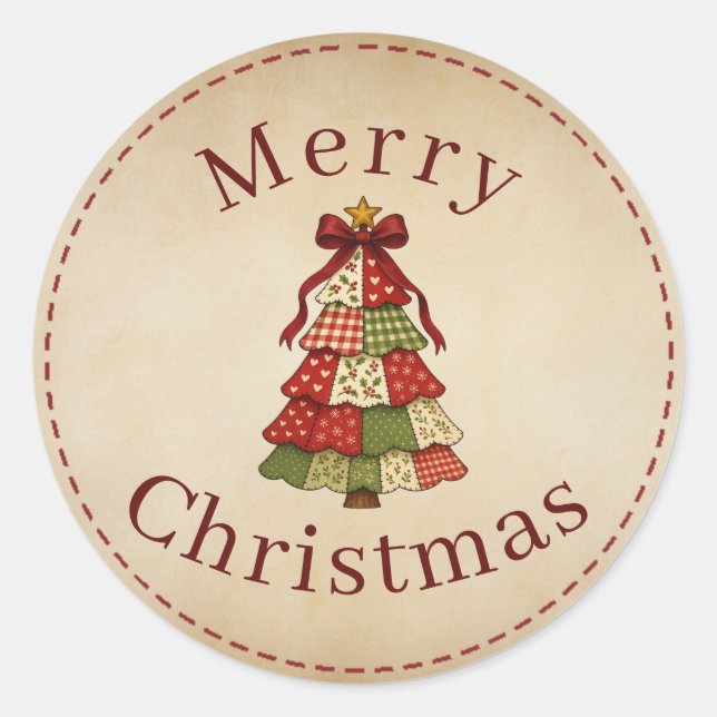 Pegatina Redonda Patchwork Quilt Merry Christmas Round Sticker (Anverso)