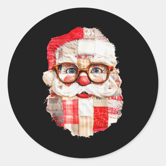 Pegatina Redonda Patchwork Santa Claus Face Preppy Girly Christmas  (Anverso)