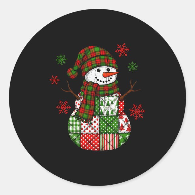 Pegatina Redonda Patchwork Snowman, Retro Funny Christmas  (Anverso)