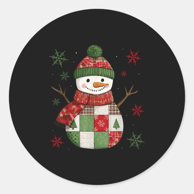 Pegatina Redonda Patchwork Snowman Retro Funny Christmas Snowman Ho (Anverso)
