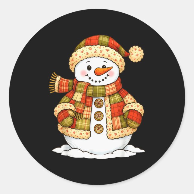 Pegatina Redonda Patchwork Snowman Retro Funny Snowman Holiday Chri (Anverso)
