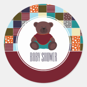 Pegatina Redonda Patchwork Teddy Bear, Baby Shower