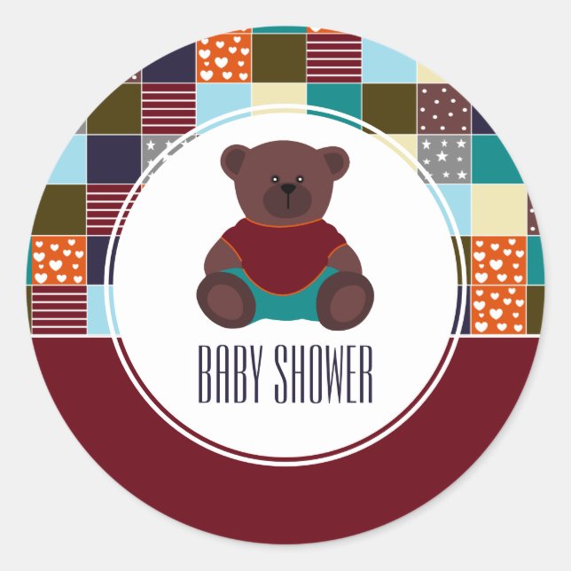 Pegatina Redonda Patchwork Teddy Bear, Baby Shower (Anverso)