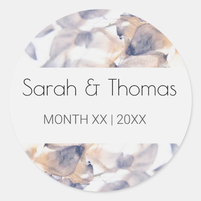 PEGATINA REDONDA PATELES BLANCOS Y AZULES BODA ELEGANTE FLORAL (Anverso)