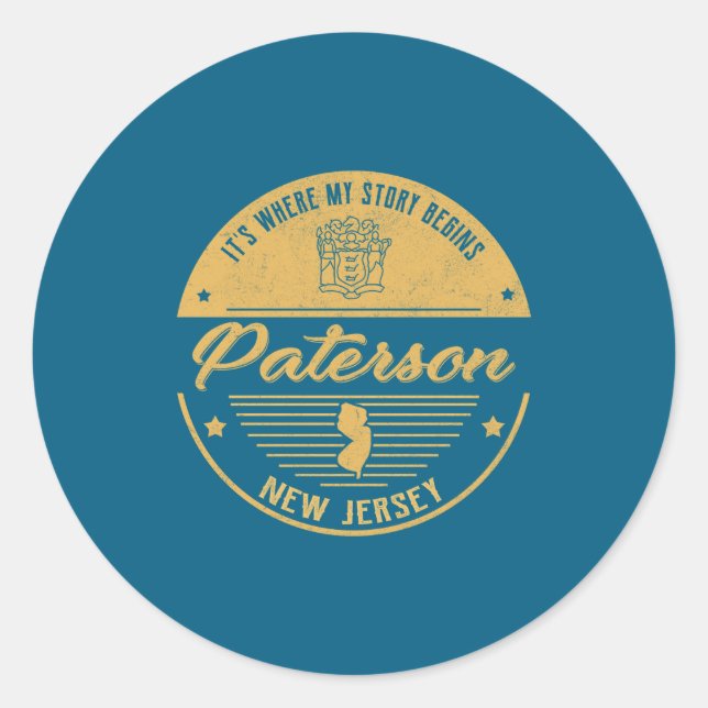 Pegatina Redonda Paterson New Jersey Its Where My Story Begins _1  (Anverso)