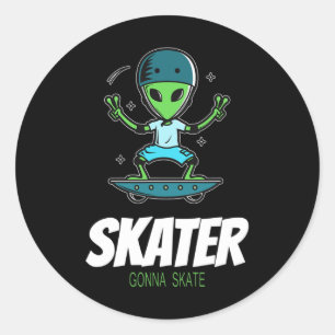 Pegatina Redonda Patinador Va a Patinar Alien Patinador Patinaje