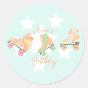 Pegatina Redonda Patinaje en Rollerball Birthday Pastel Stars
