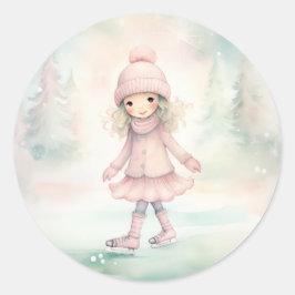 Pegatina Redonda Patinaje sobre escenas de invierno Chica de menta