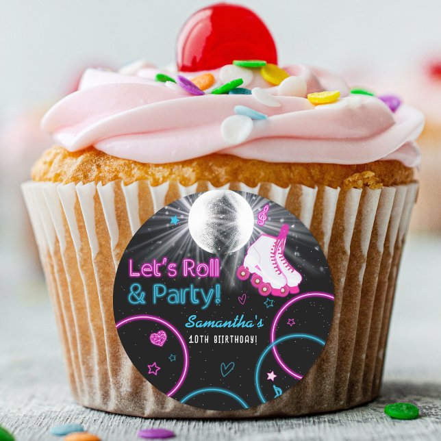 Pegatina Redonda Patinaje sobre ruedas Neon Glow Roller (Neon Glow Roller Skating Let's Roll Birthday Party Classic Round Sticker)