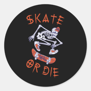 Pegatina Redonda Patinar o morir Esqueleto Skateboarder