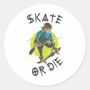 Pegatina Redonda Patinar o morir Esqueleto Skateboarder