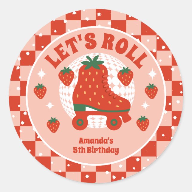 Pegatina Redonda Patines de fresa | Cumpleaños del Patinaje Retro R (Anverso)