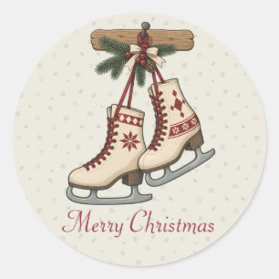Pegatina Redonda Patines de hielo de Navidad nórdicos con estrella