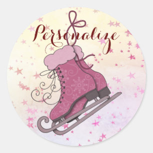 Pegatina Redonda Patines de hielo rosado invierno estrellado ilustr