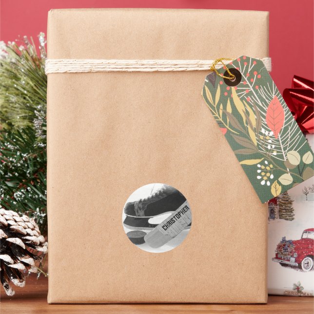 Pegatina Redonda Patines negros de hockey personalizados (Vacaciones)