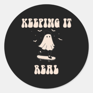 Pegatina Redonda Patineta Fantasma Manteniendo Lo Real Para Hallowe
