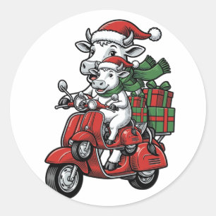 Pegatina Redonda Patinete de montar vaca divertida de Navidad Diseñ