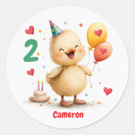 Pegatina Redonda Patito Adorable, 2º Cumpleaños, Personalizado
