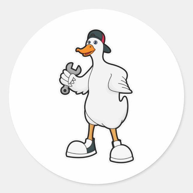 Pegatina Redonda Pato como artesano con herramienta y gorra (Anverso)