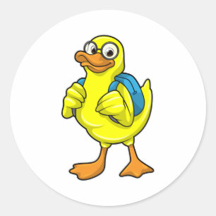 Pegatina Redonda Pato como estudiante con mochila