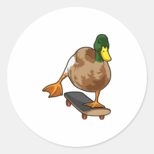 Pegatina Redonda Pato como patinador con patineta