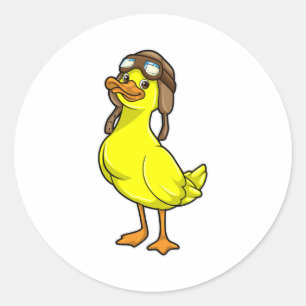 Pegatina Redonda Pato como Piloto con Gorra y Gafas