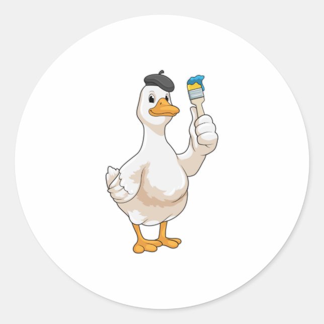 Pegatina Redonda Pato como pintador con pincel de pintura (Anverso)