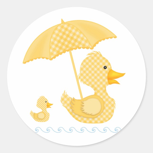 Pegatina Redonda Pato de Gingham amarillo, Baby Shower (Anverso)