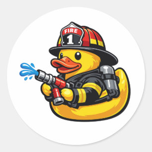Pegatina Redonda Pato de Goma Bombero