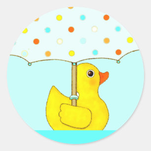Pegatina Redonda Pato de goma con paraguas clásico para baby shower