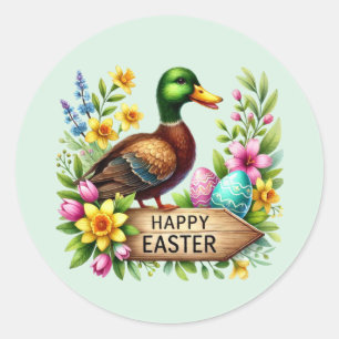 Pegatina Redonda Pato de Pascua Feliz