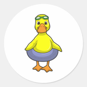 Pegatina Redonda Pato en Natación con anillo de natación