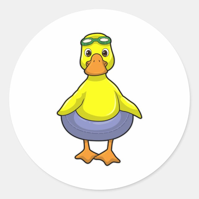 Pegatina Redonda Pato en Natación con anillo de natación (Anverso)